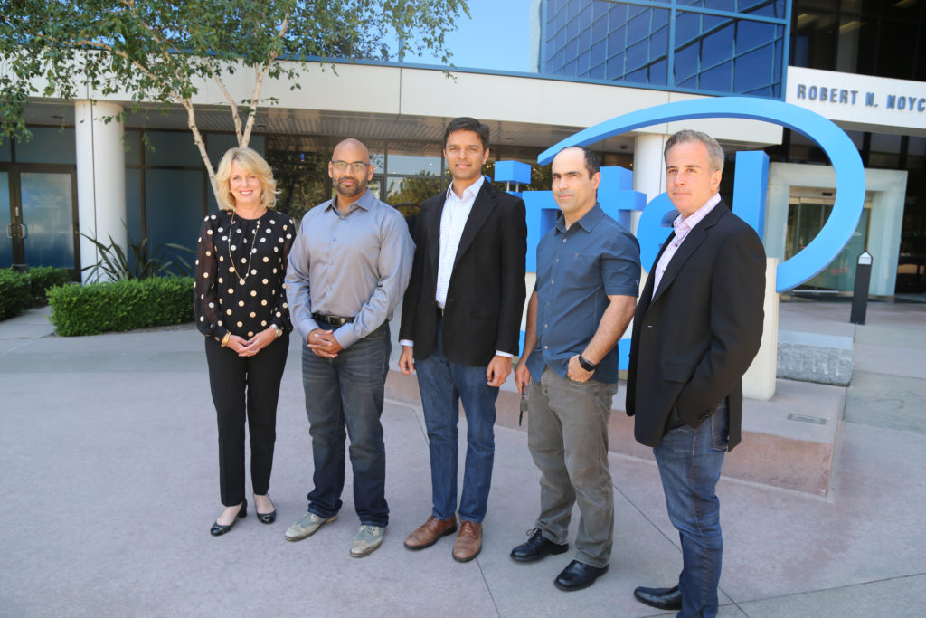 Intel’s Diane Bryant with Nervana’s co-founders Naveen Rao, Arjun Bansal, Amir Khosrowshaki and Intel vice president Jason Waxman. (Photo: Intel)