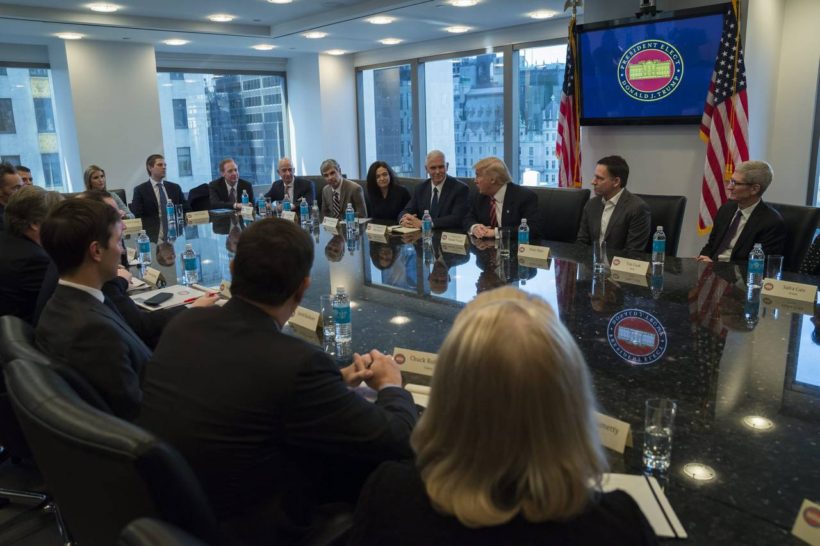  President-elect Donald Trump meets with leaders of major US technology companies on Wednesday, Dec. 14, 2016, in a bid to heal the rifts on both sides and promote investment, job creation and innovation. (Photo credit: Albin Lohr-Jones/Pool via IANS) 