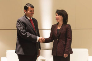 Maharashtra Chief Minister Devendra Fadnavis with Oracle CEO Safra Catz after signing a pact that will see the US company accelerate the state\'s digital transformation and develop a \'Smart City Center of Excellence\'.